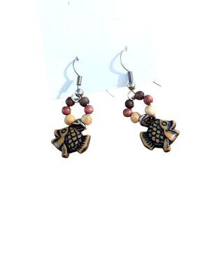 Brown Fish and Bead Beaded Dangle Earrings Novelty Fun Boho Beach